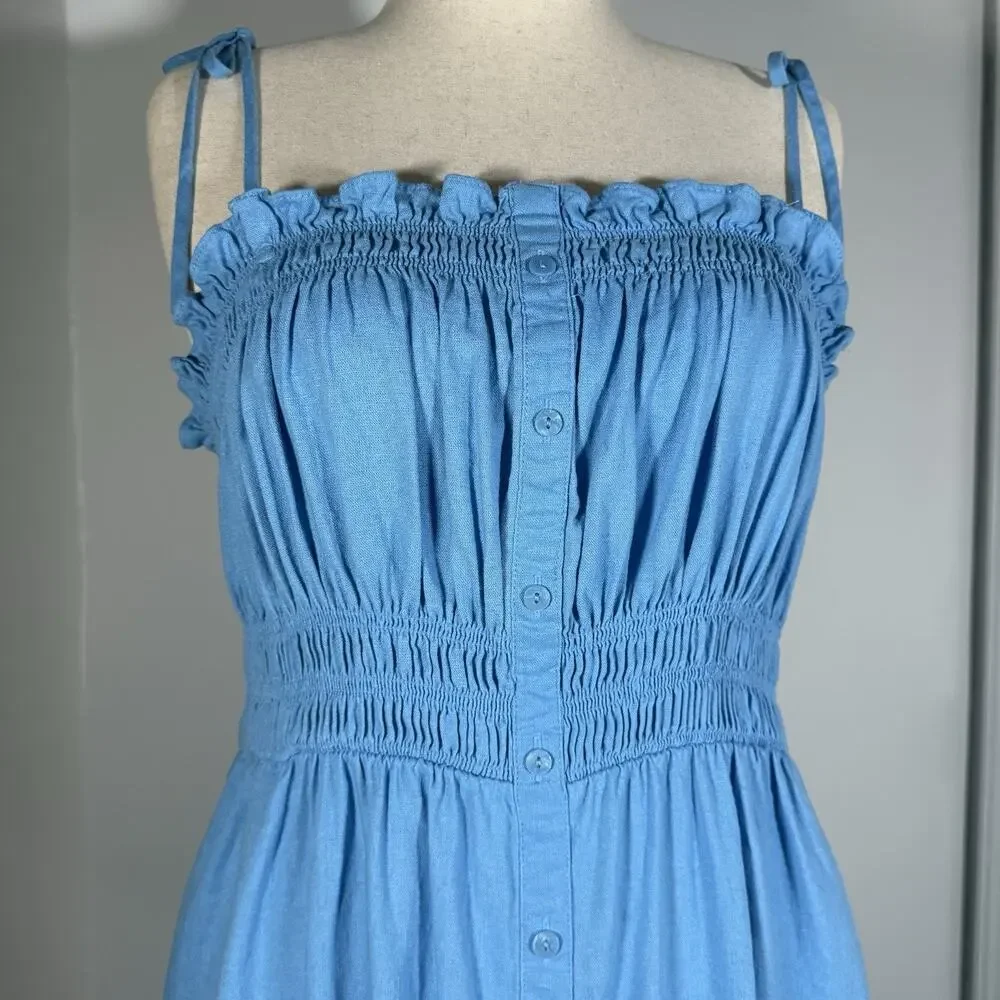 Blue Smocked Midi Dress Faux Button Front Linen Blend Boho Coastal Minimalist XL - Picture 5 of 15